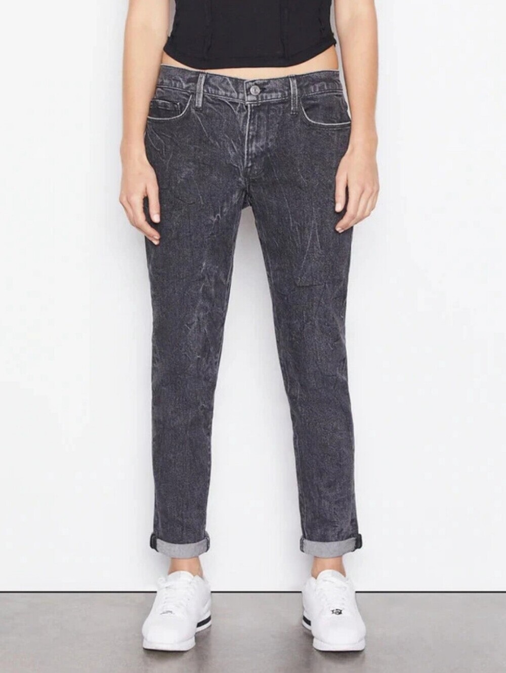 FRAME 'Le Garcon' Edgy Black Acid Wash Jeans Women's SZ 32 Straight Leg Mid Rise